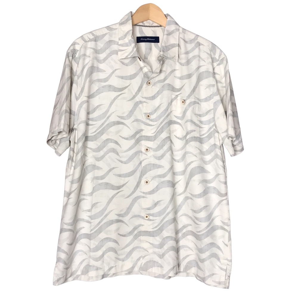 Tommy Bahama Camp Shirt Silk Blend Short Sleeve Wavy Pattern Cream Grey Men’s XL